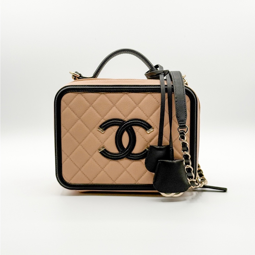 Beige and Black Quilted Caviar Top Handle CC Filigree Vanity Case